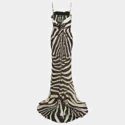 Pre Owned Christian Dior Black & White Printed Silk Draped Maxi Dress L