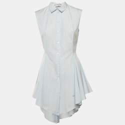 Christian Dior Blue Pinstripe Cotton Sleeveless Flared Shirt Dress M