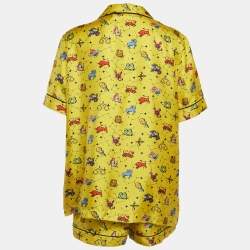 Pre Owned Christian Dior Yellow Zodiac Print Silk Shirt and Shorts Set M/L