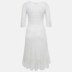 Pre Owned Christian Dior Off-White Pointelle Knit Flared Midi Dress L