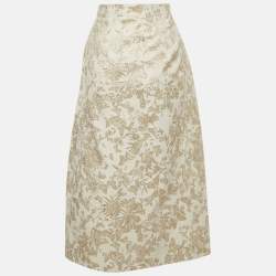 Pre Owned Christian Dior White & GolD Brocade Pencil Skirt S