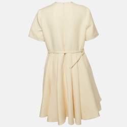 Pre Owned Christian Dior Cream Wool & Silk Crepe Pleated Belted Mini Dress XL