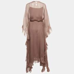 Pre Owned Christian Dior Mauve Silk Ruffled Belted Kaftan Dress L