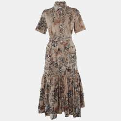 Pre Owned Chistian Dior Pink Printed Denim Belted Maxi Dress M
