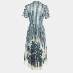 Pre Owned Dior Blue Striped Palm Print Cotton Midi Dress M