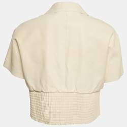Pre Owned Christian Dior Cream Leather Shirring Hem Jacket M