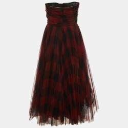 Pre Owned Dior Red Checked Tulle Strapless Bustier Dress M