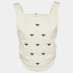 Pre Owned Dior Ivory Cotton Bee Bead Embroidered Strapped Vest M