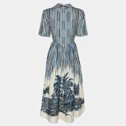 Pre Owned فستان ديور حرير طباعة نخيل بلون أزرق طوي طويل متوسط الحجم