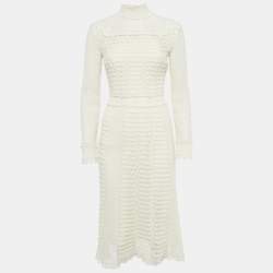 Pre Owned Dior Ecru White Patterned Cotton Blend Knit Midi Dress S