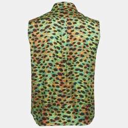 Pre Owned بلوزة بلا أكمام ديور حرير مطبوع متعدد الألوان/أخضر بأزرار من الأمام مقاس صغير (سمول)