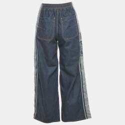 Pre Owned Dior Blue Denim Logo Panel Trimmed Wide Leg Pants S