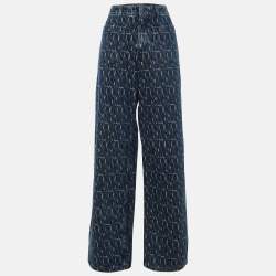 Pre Owned Dior Blue Logo Jacquard Denim Wide Leg Jeans M/Waist 30"