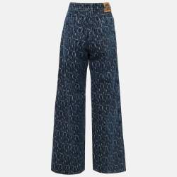 Pre Owned Dior Blue Logo Jacquard Denim Wide Leg Jeans M/Waist 30"