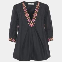 Pre Owned Christian Dior Navy Blue Embellished Cotton Silk Blouse M