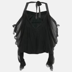 Pre Owned بلوزة كريستيان ديور حرير أسود بزخارف من الدانتيل وربطة عنق مقاس ميديام