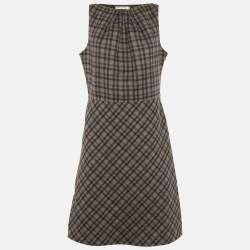 Pre Owned Christian Dior Brown Plaid Wool Flared Short Dress L