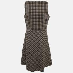 Pre Owned Christian Dior Brown Plaid Wool Flared Short Dress L