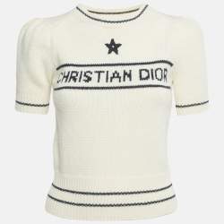 Pre Owned Christian Dior Cream Logo Intarsia Virgin Wool Short Sleeve Top S
