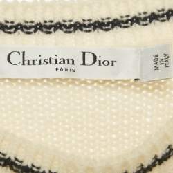 Pre Owned Christian Dior Cream Logo Intarsia Virgin Wool Short Sleeve Top S
