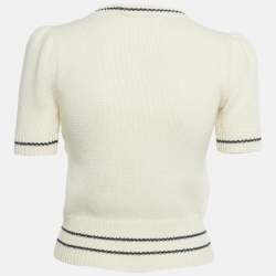 Pre Owned Christian Dior Cream Logo Intarsia Virgin Wool Short Sleeve Top S
