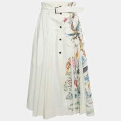 Pre Owned Christian Dior White Printed Cotton & Silk Pleated Midi Skirt M