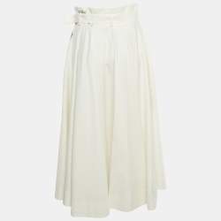 Pre Owned Christian Dior White Printed Cotton & Silk Pleated Midi Skirt M