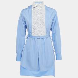 Pre Owned Dior Blue Cotton Lace Plastron Belted Cotton Tunic S