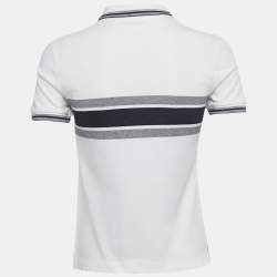 Pre Owned Christian Dior White/Blue Striped Logo Cotton Polo T-Shirt XS