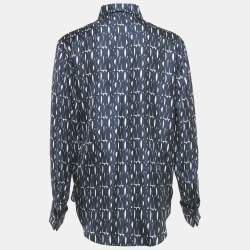 مملوكة مسبقًا قميص ديور حرير أزرق كحلي مطبوع مقاس متوسط