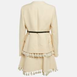 مملوكة مسبقًا طقم جاكيت وفستان ديور صوف مزيج بلون البيج مع تفاصيل شراشيب مقاس كبير (لارج)