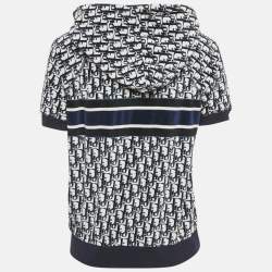 Pre Owned بلوفر كريستيان ديور أزرق/أبيض بفيلفت بغطاء رأس بأكمام قصيرة مقاس صغير