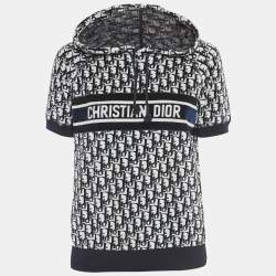 Pre Owned بلوفر كريستيان ديور أزرق/أبيض بفيلفت بغطاء رأس بأكمام قصيرة مقاس صغير