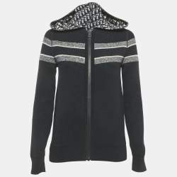 Pre Owned Christion Dior Navy Blue Wool Knit Oblique Reversible Zipped Cardigan S