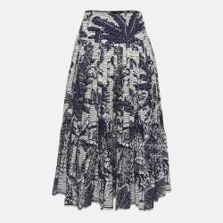 Pre Owned Christian Dior White/Blue Toile de Jouy Print Cotton Pleated Midi Skirt S