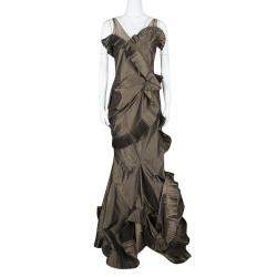 Pre Owned Dior Boutique Brown Pleated Ruffle Detail Sleeveless Tiered Evening Gown S