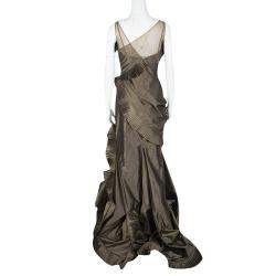 Pre Owned Dior Boutique Brown Pleated Ruffle Detail Sleeveless Tiered Evening Gown S