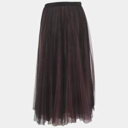 Pre Owned Christian Dior Black/Pink Polka Dots Silk & Mesh Midi Skirt M