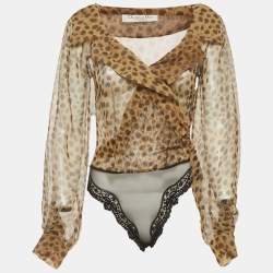 Pre Owned Christian Dior Brown Leopard Print Long Sleeve Bodysuit L