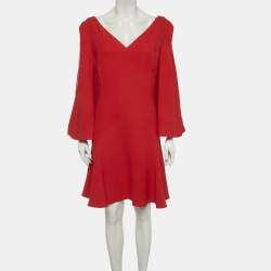Pre Owned Christian Dior Red Silk Flared Knee Length Dress L