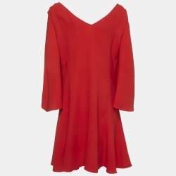 Pre Owned Christian Dior Red Silk Flared Knee Length Dress L