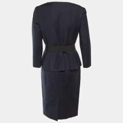 Pre Owned Christian Dior Navy Blue Cotton Peplum Jacket & Pencil Skirt L