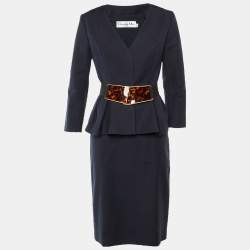Pre Owned Christian Dior Navy Blue Cotton Peplum Jacket & Pencil Skirt L