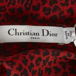 Pre Owned Christian Dior Red Leopard Print Silk Flared Midi Skirt S