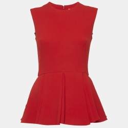 Pre Owned Christian Dior Red Wool Crepe Sleeveless Peplum Top M
