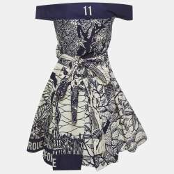 Pre Owned Dior Navy Blue/Off White Cotton Off Shoulder La Roue De La Fortune Dress M