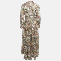 مملوكة مسبقًا فستان كريستيان ديور قطن مطبوع بزهور خضراء طويل مقاس متوسط