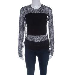 Pre Owned Dior Black Floral Lace Long Sleeve Top M