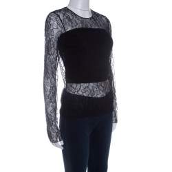 Pre Owned Dior Black Floral Lace Long Sleeve Top M