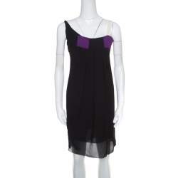 Pre Owned Dior Black Colorblock Silk Draped Front Sleevless Dress M